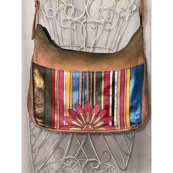 BEAUTIFUL UNIQUE GENUINE Leather Anuschka hand painted striped purse with floral - Picture 5 of 10